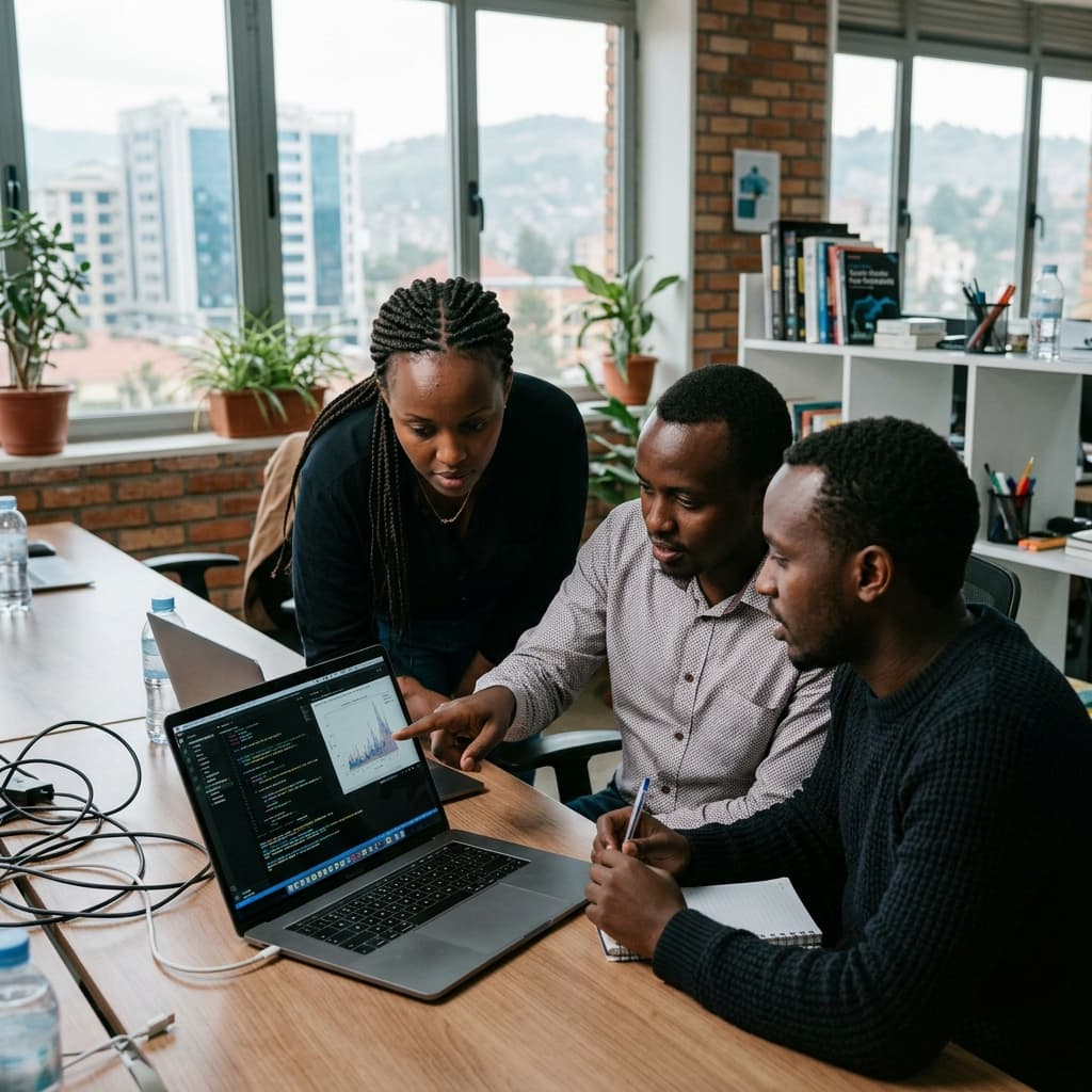 African tech professionals analyzing data in Kigali